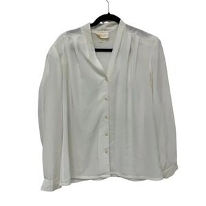 Pendleton Career Sheer‎ Ivory Button Front Blouse Size 12 Long Sleeve Pleated